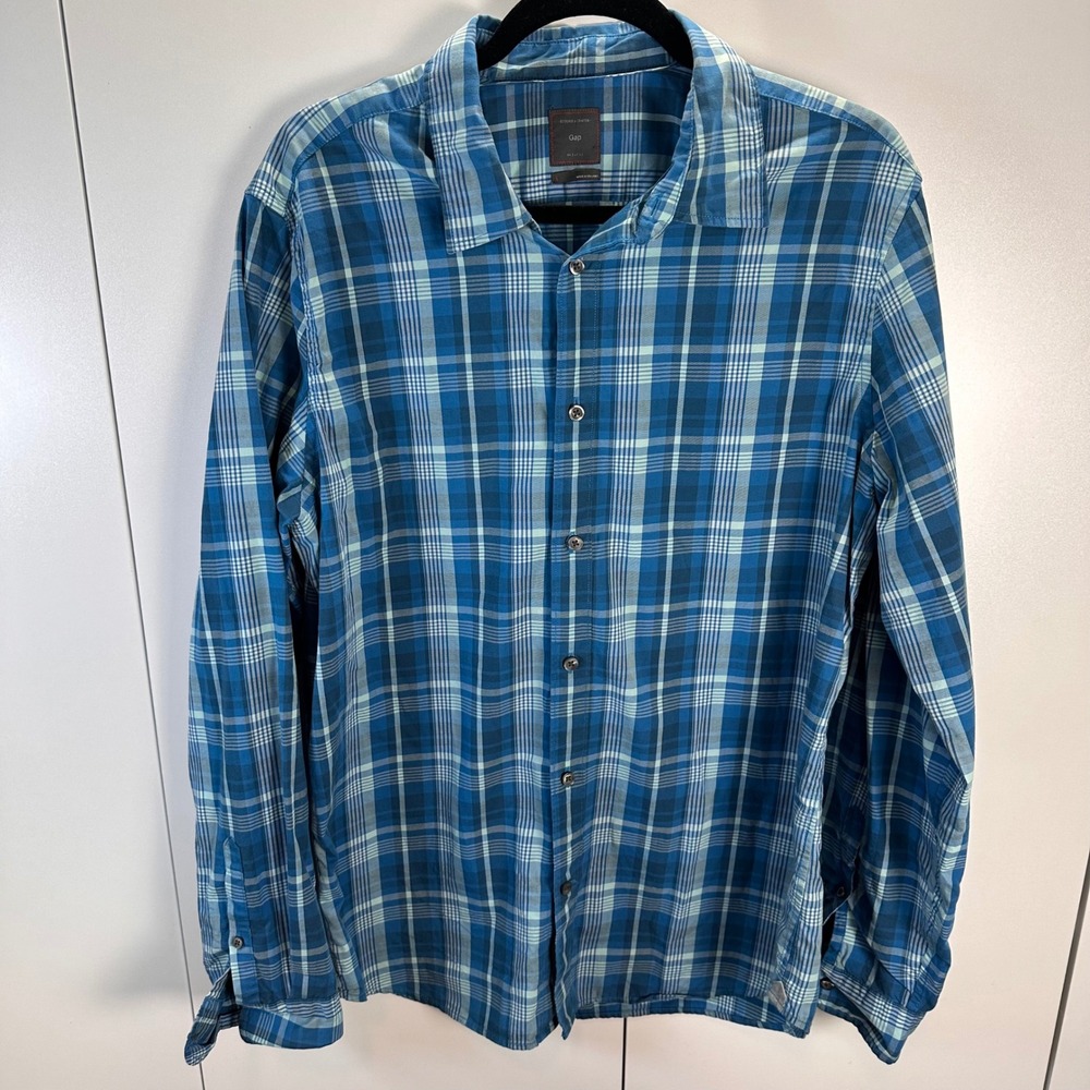 Gap Designed&Crafted Mens Large Cobalt Blue Plaid Button Down Shirt Long Sleeve